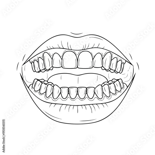 Detailed illustration of human mouth anatomy showing lips and teeth from a frontal viewpoint