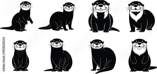 Stylized otter illustrations, black and white, sitting pose, facial variation, fur texture, cartoon style, animal design, vector art, character set