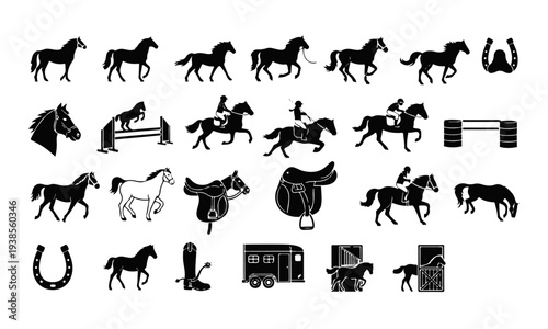 Black Equestrian Horse Riding Icons Set. Horse, Jumper, Saddle, and Horseshoe Vector Silhouettes.