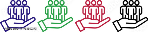 People group held in hand icon representing support care safety and protection in four colors