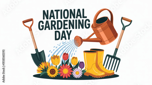 National gardening day illustration with gardening tools and flowers