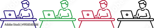 Person working on laptop icon blue green red black on transparent background
