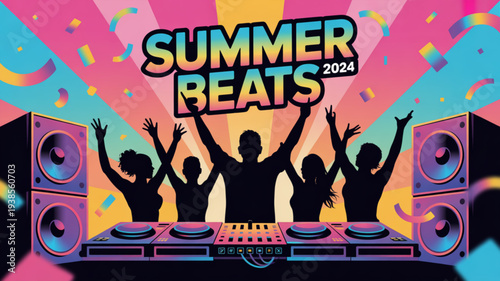 Summer party people dancing at dj booth with colorful lights and confetti