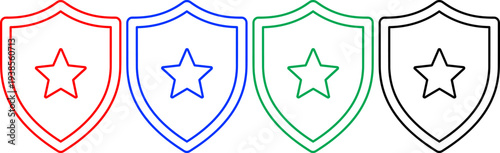 Set of shield emblems with stars, red, blue, green and black outline icons