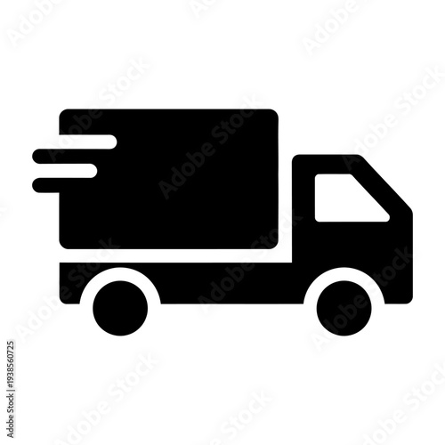 Fast delivery truck icon speeding in black silhouette for shipping and logistics