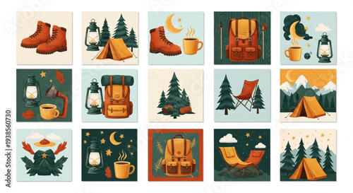 Collection of Camping and Outdoor Adventure Illustrations.