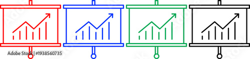 Red blue green and black presentation board icons with line graphs on transparent background