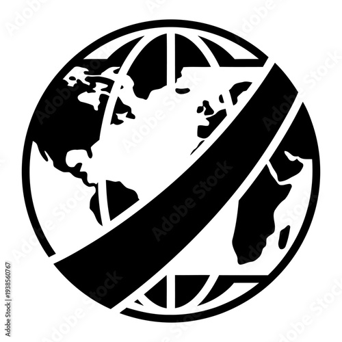 Black and white globe icon with a diagonal banner across the center