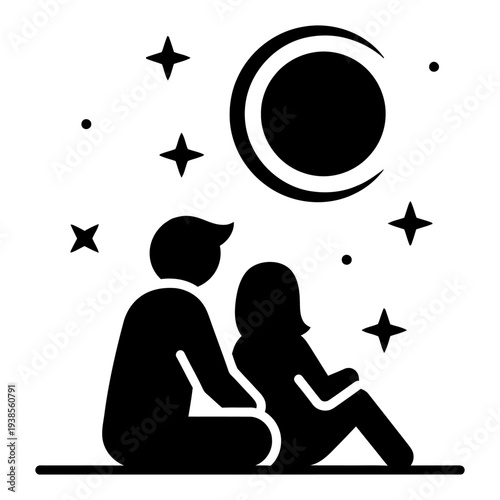 Black and white silhouette icon of a couple sitting together under a crescent moon and stars