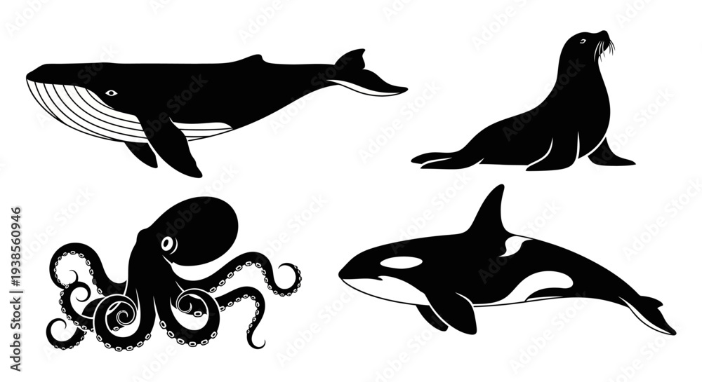 Obraz premium Diverse Marine Animals Silhouettes Set: Whale, Seal, Octopus, and Orca