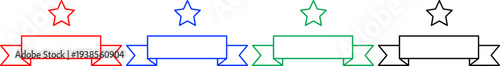 Star and banner icons in red blue green and black outline simple awards ribbons and celebrations
