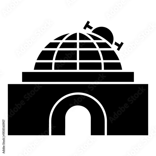 Planetarium icon silhouette, observatory building symbol with dome and telescope for astronomy