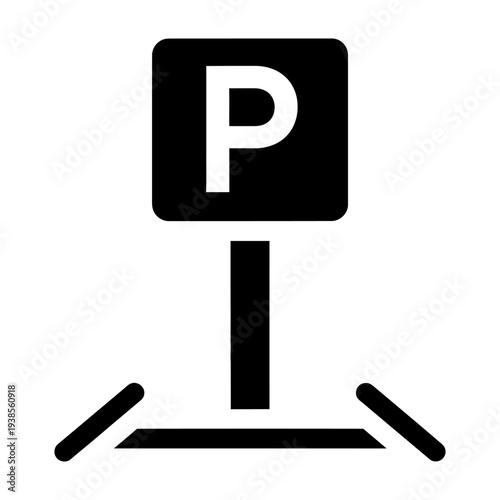Parking sign icon indicating a parking area for transportation and urban navigation in minimalist black and white flat design
