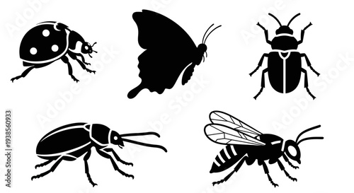 Diverse Insect Silhouettes Set: Ladybug, Butterfly, Beetles, and Wasp Icons