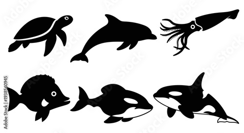 Diverse Marine Animals Silhouettes Collection: Ocean Wildlife Icons