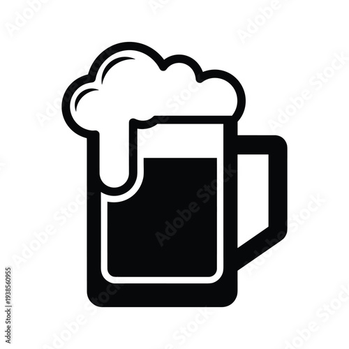 Minimalist Beer Mug Icon with Overflowing Foam, Black and White Stylized Drink Pictogram