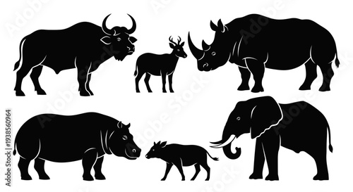 Diverse Wild Animal Silhouettes Collection: Elephant, Rhino, Hippo, Buffalo, Deer, Boar