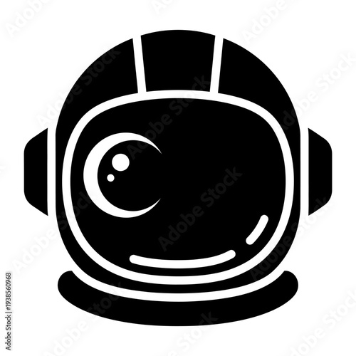 Astronaut helmet icon with moon reflection for space exploration and science fiction themes, minimalist black and white vector illustration