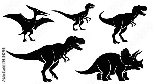 Dynamic Dinosaur Silhouettes Collection: T-Rex, Triceratops, Pterodactyl, Velociraptor Set