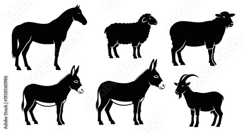 Domestic Farm Animals Silhouettes Set: Horse, Sheep, Donkey, and Goat Icons