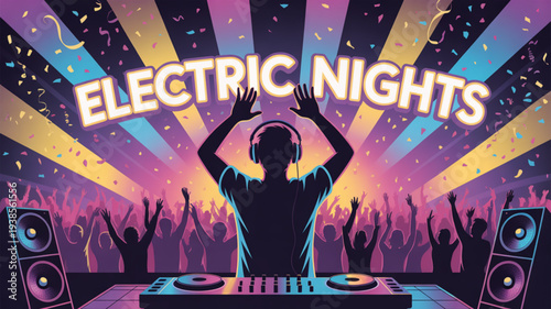 Dj performing at a vibrant nightclub with crowd and colorful lights electric atmosphere