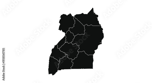 A stark black outline depicts the geographical shape of uganda showcasing its borders and internal divisions as a silhouette
