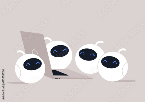 Five friendly robots gather around a sleek laptop, their screens lighting up to write a code based on a prompt, This scene captures a moment of teamwork and innovation in a modern tech environment.