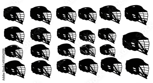Collection of Black Hockey Helmets Displayed in Rows.