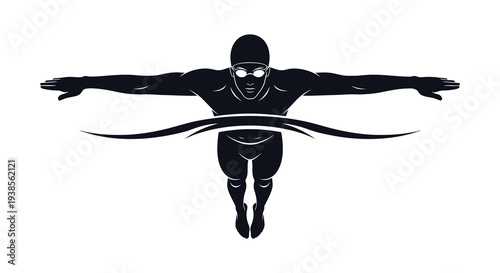 A dynamic illustration depicts a swimmer in mid air breaking the water s surface presented as a silhouette high quality professional