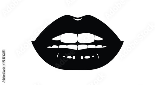 A striking black and white image depicts a pair of full lips with visible teeth presented as a silhouette
