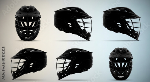 Collection of black sports helmets displayed from multiple angles.