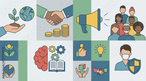 Flat vector icons for business, sustainability, community, health, and innovation