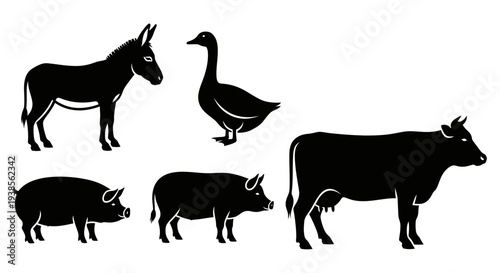 Farm Animals Silhouettes Collection: Donkey, Goose, Pigs, and Cow Icons