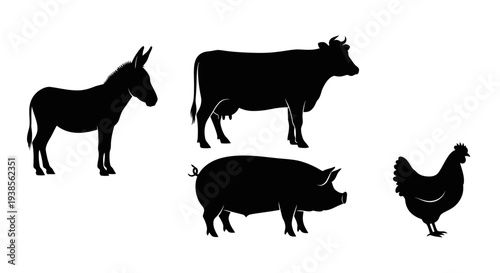 Farm Animals Silhouettes Collection: Donkey, Cow, Pig, and Chicken Icons