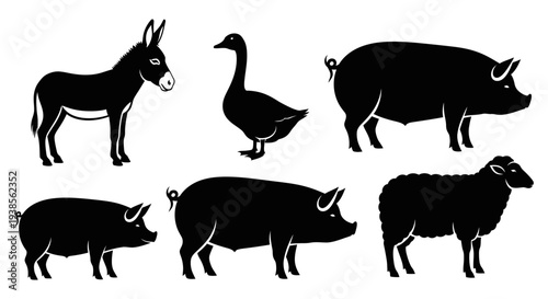 Farm Animals Silhouettes Collection: Donkey, Goose, Pigs, and Sheep Icons