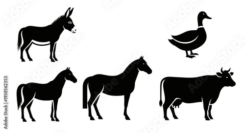 Farm Animals Silhouettes Collection: Donkey, Horses, Duck, and Cow