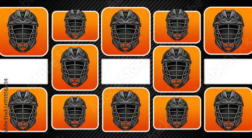 Collection of Black Lacrosse Helmets on Orange Background Grid.