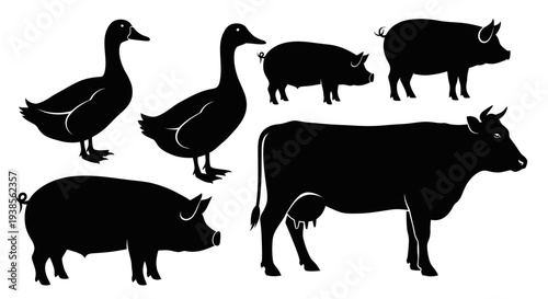 Farm Animals Silhouettes Collection: Ducks, Pigs, and Cow Livestock Icons