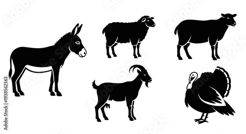 Farm Animals Silhouettes Collection: Donkey, Sheep, Goat, and Turkey Icons