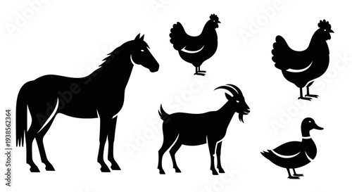 Farm Animals Silhouettes Collection: Horse, Chicken, Goat, and Duck Icons