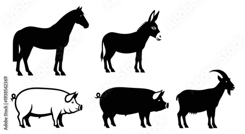 Farm Animals Silhouettes Collection: Horse, Donkey, Pigs, and Goat on White Background