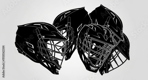 Collection of black lacrosse helmets on a plain background.