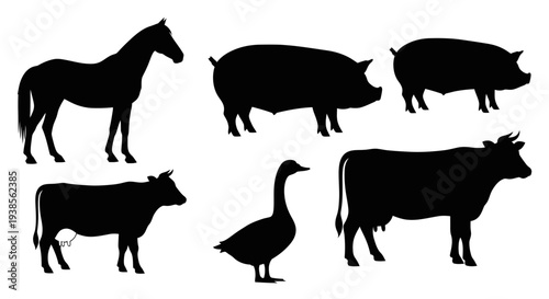 Farm Animals Silhouettes Collection: Horse, Pig, Cow, and Goose Isolated on White