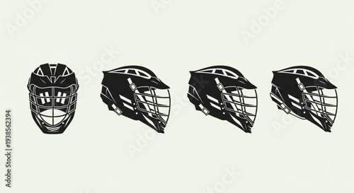 Collection of black lacrosse helmets shown from different angles.