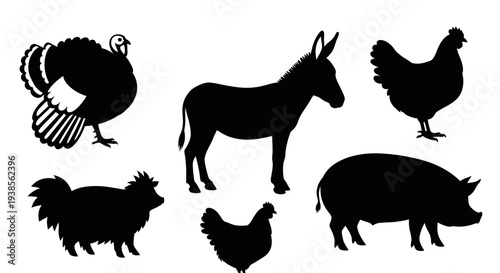 Farm Animals Silhouettes Collection: Turkey, Donkey, Chicken, Pig, and Rooster