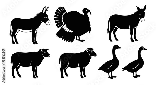 Farm Animals Silhouettes Set: Donkey, Turkey, Sheep, and Geese Vector Icons