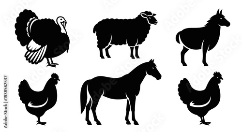 Farm Animals Silhouettes Set: Turkey, Sheep, Horse, and Chickens Icons Isolated on White