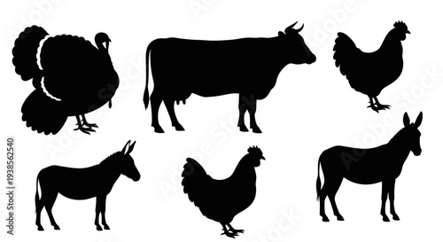 Farm Animals Silhouettes Set: Livestock Icons Including Turkey, Cow, Chicken, and Donkey
