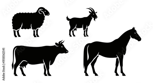Farm Animals Silhouettes Set: Sheep, Goat, Cow, and Horse Icons on White Background