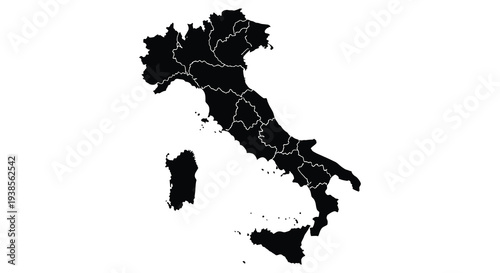 A striking black outline depicts the geographical shape of italy including its major islands as a silhouette high quality